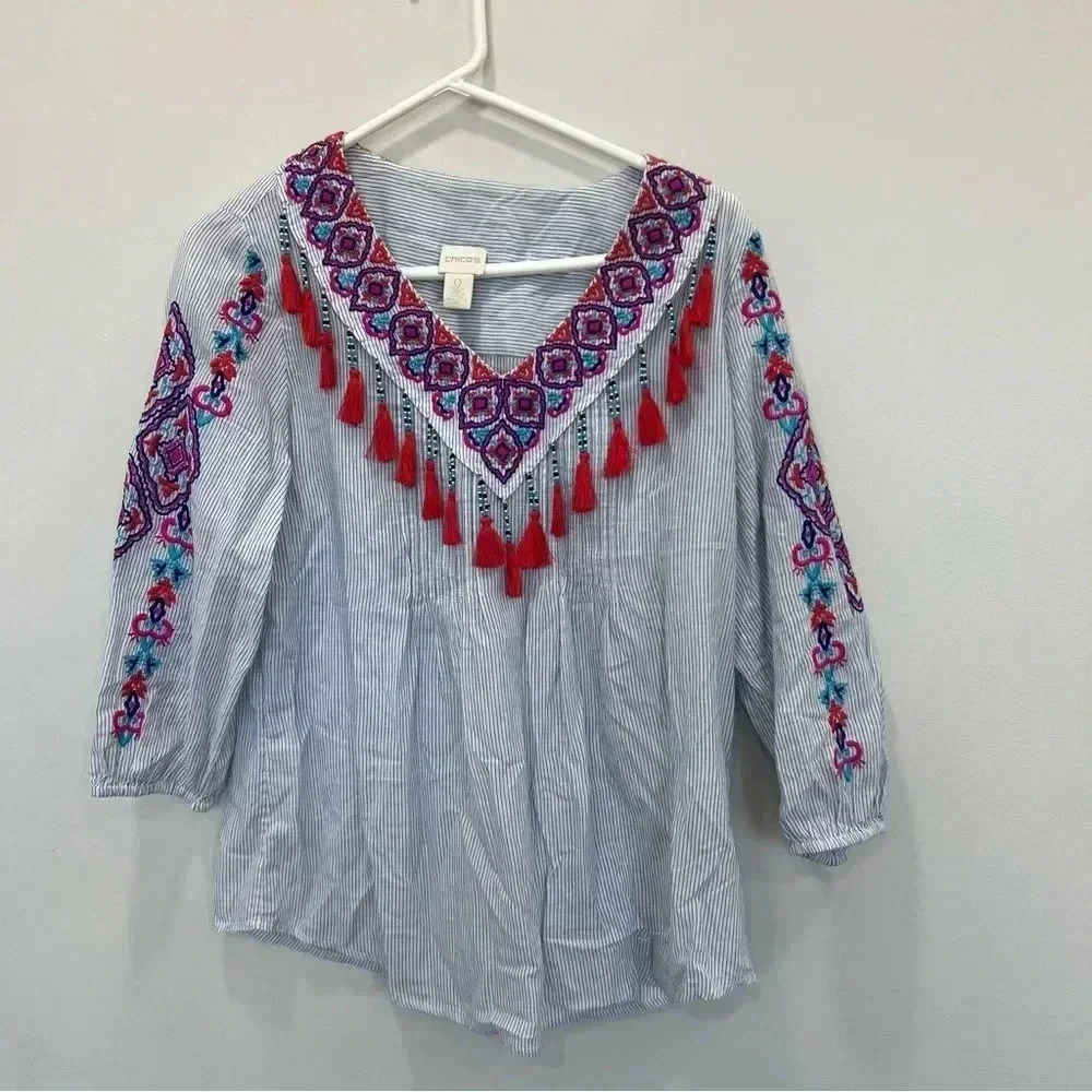 Chico's Peasant Embroidered Blouse with Tassels Size 0